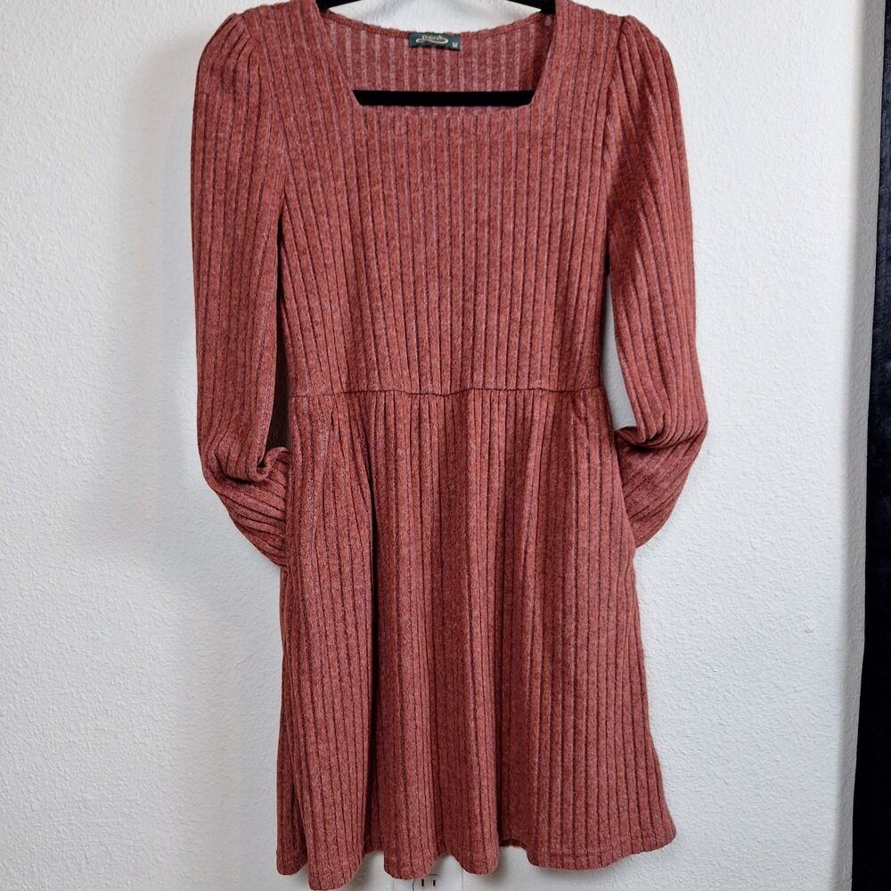 Offefan Ribbed Sweater Dress M Rust-Mauve Square Neck Fall Skater Babydoll Cozy
